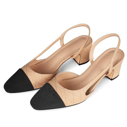 Tarkwa Nude Slingback Heels for Women Pumps Shoes Slip On Ankle Strap Comfortable Chunky Block Low Heel Round Closed Toe Heels Fashion Dress Shoes Size 9 | Amazon (US)
