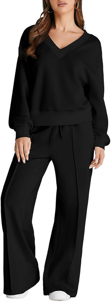 Herseas Women 2 Piece Outfits Sweatsuit 2024 Fall Casual V Neck Sweatshirt with Wide Leg Sweatpan... | Amazon (US)