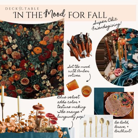 Deck the Table for a super chic Friendsgiving! This look has me in the mood for Fall! The brown and burgundy mushrooms pop against the teal blue velvet table cloth. The velvet texture is duplicated in the table runner and the mushrooms. Add ambience with Amber glass candle holders. Watch the light bounce off the gold flatware. Keep the plate choice simple or go bold with this amazing print plate. 

#LTKSeasonal #LTKhome