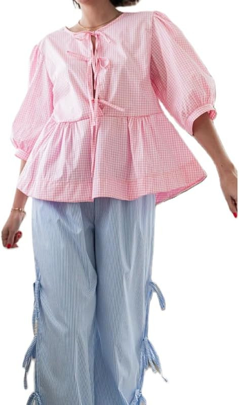 Peplum Blouses Tie Front Blouses for Women Lace Up Puff Sleeve Babydoll Tops Ruffle Bandage Crop ... | Amazon (US)