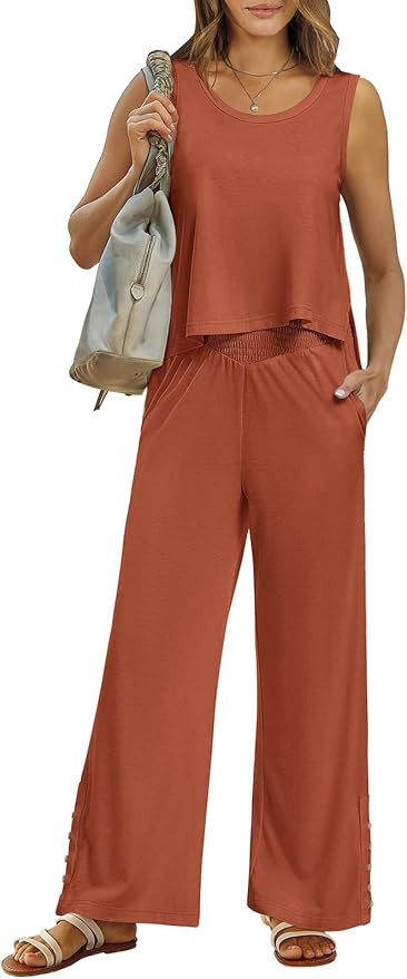 ANRABESS Women's 2 Piece Summer Casual Sleeveless Crop Top Wide Leg Pants Lounge Sets Jumpsuits B... | Amazon (US)