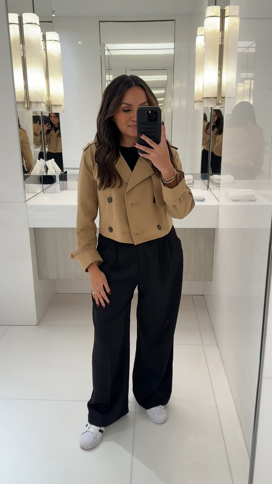 Cropped trench coat size XXS TTS - Cuffed it at the sleeves. Size up a size if you want to button it 
Black bodysuit size small TTS
Black wide leg pant size S short-usually a size 2/26
White and black sneakers size 6


Abercrombie
Fall fashion
Fall outfit
Tailored pants
London outfit
Europe outfit
European outfit
Europe travel
Honey Sweet Petite


#LTKootd #LTKPetite #LTKTravel