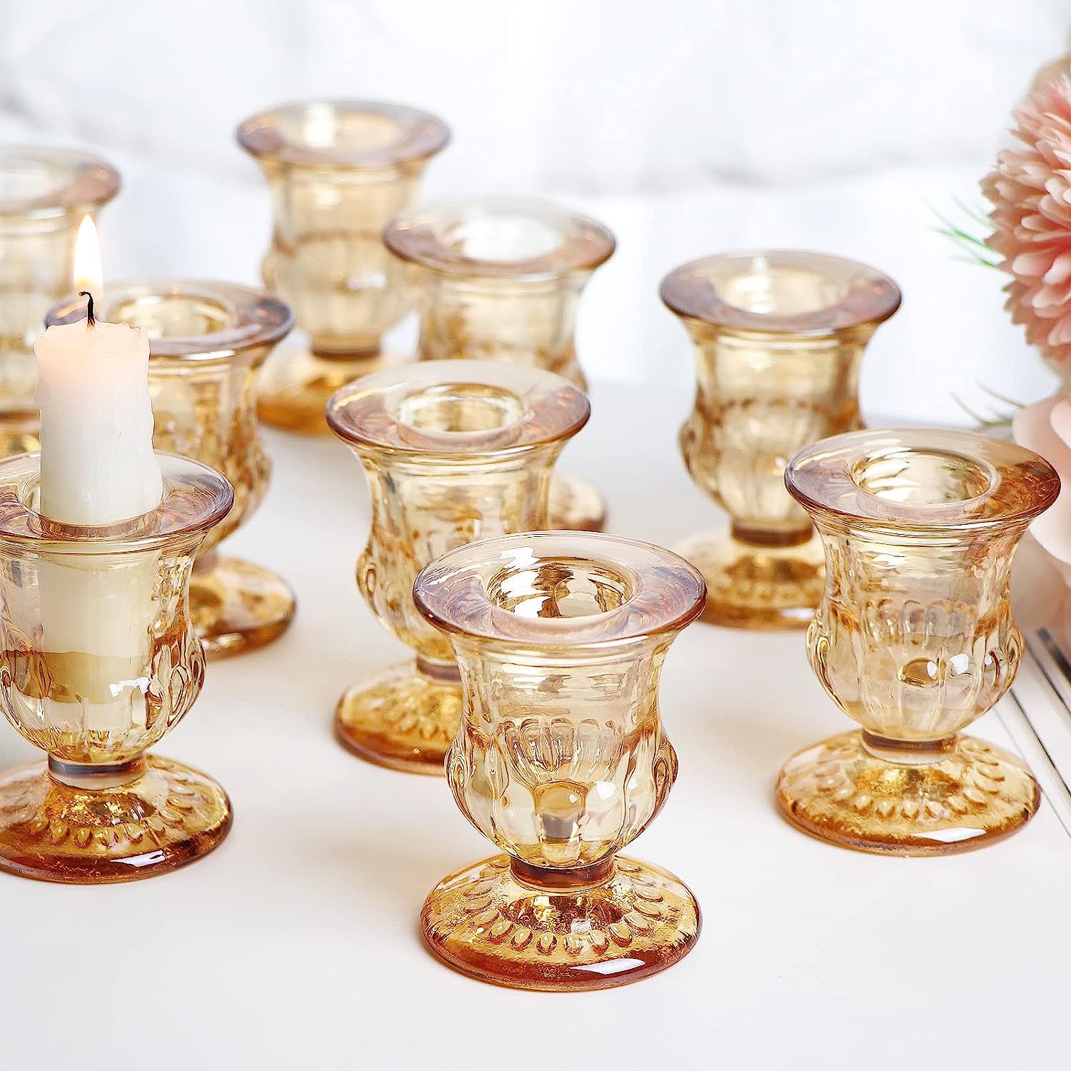 Letine Gold Candlestick Holders Set of 12 - 2.5" H Taper Candle Holders Bulk -Gold Glass Candle H... | Amazon (US)