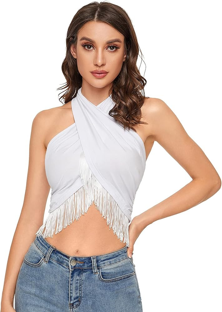 Verdusa Women's Fringe Trim Criss Cross Wrap Tie Knot Crop Halter Top | Amazon (US)