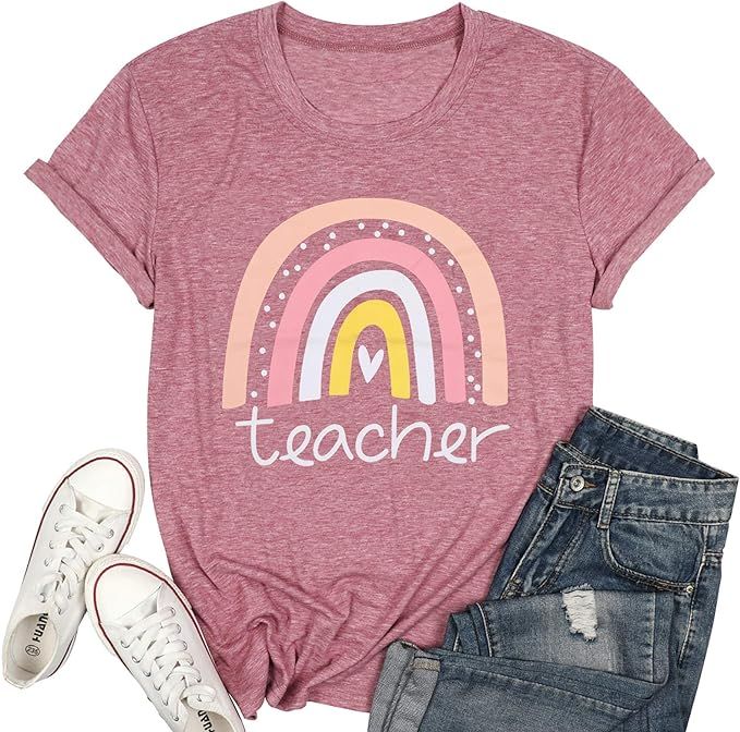 Rainbow Teacher T-Shirt Women Teacher Love Heart Cute Graphic Inspirational Casual Tops Shirt | Amazon (US)