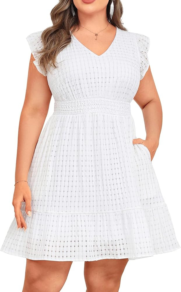 Talisea Women's Plus Size Summer Dress - Casual V-Neck Flutter Sleeves A-Line Short Sun Dress wit... | Amazon (US)