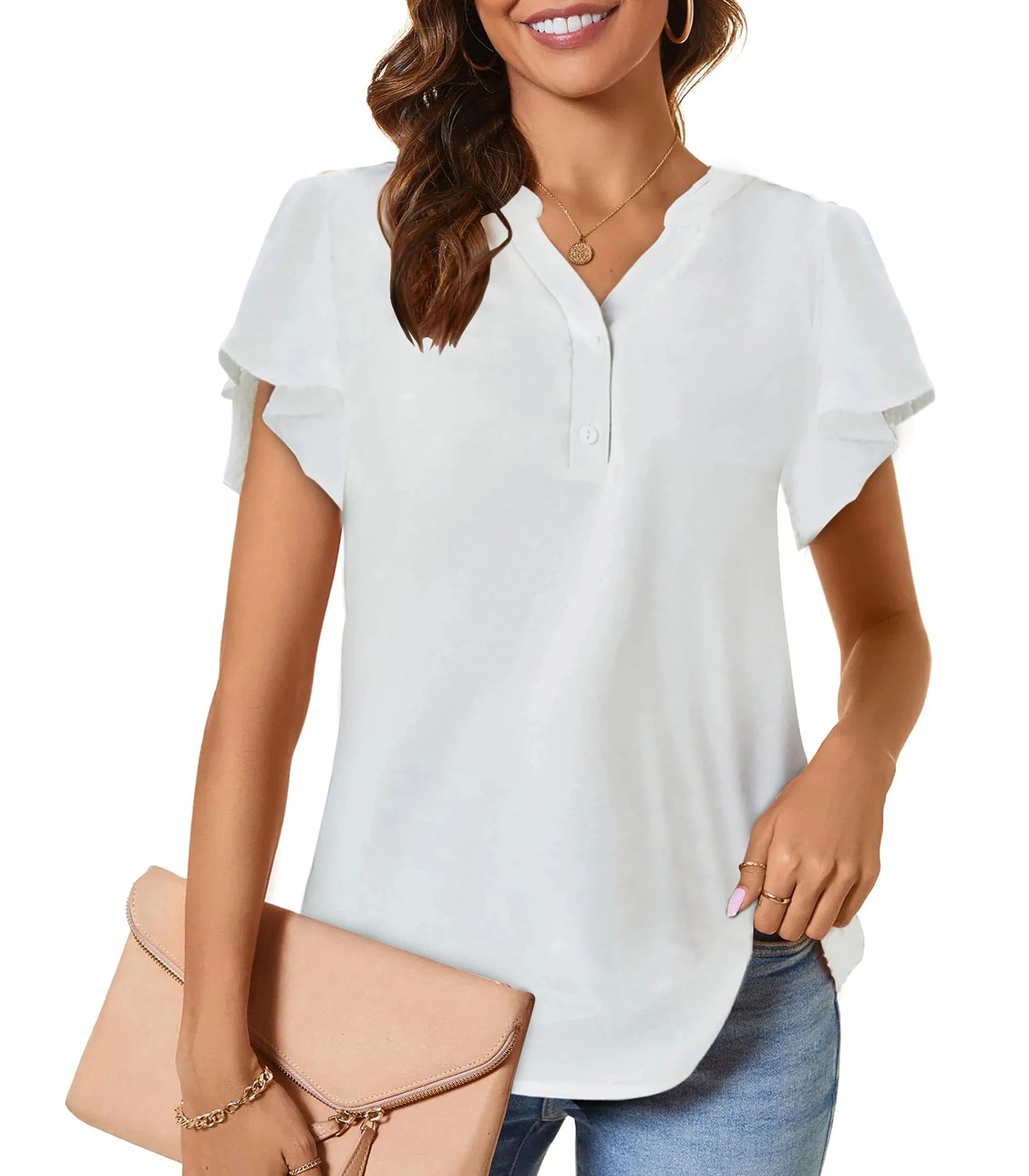 MOSHU Blouses for Women Dressy Casual Button Down Shirts Ruffle Sleeve V Neck Womens Tops | Walmart (US)