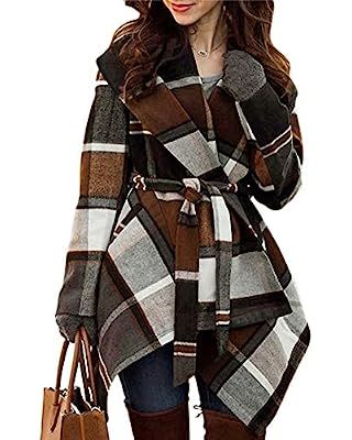 Amazon.com: Allegra K Women's Turn Down Collar Asymmetric Hem Thin Plaids Wrap Coat X-Small Brown... | Amazon (US)