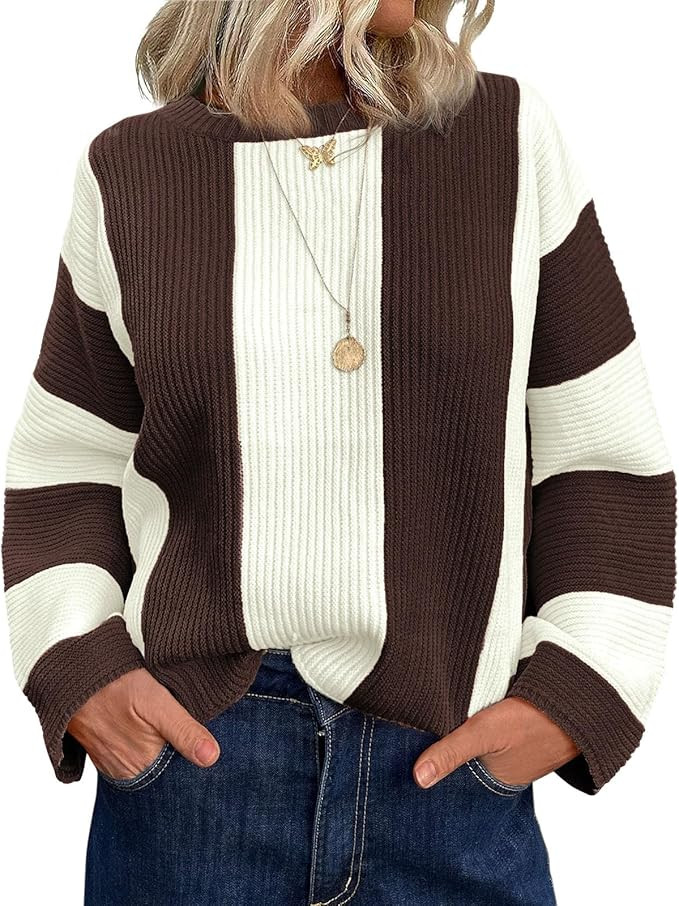 Saodimallsu Womens Striped Color Block Sweaters Fall Crew Neck Long Sleeve Ribbed Knit Casual Loo... | Amazon (US)