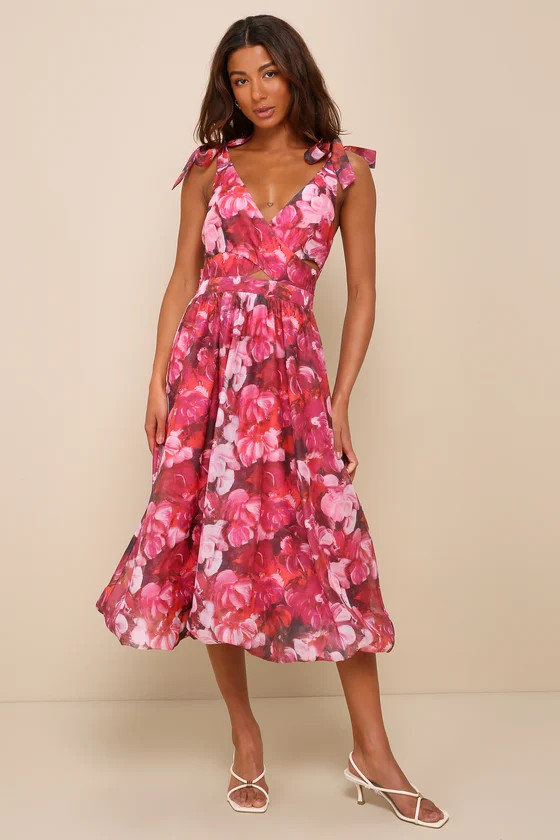 Flowering Day Dream Magenta Floral Organza Midi Bubble Dress | Lulus