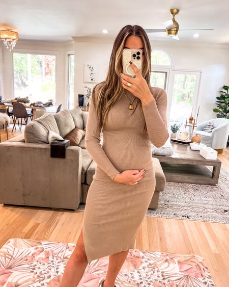 Maternity holiday dress ideas! Rocking this beige ribbed dress that is so soft and stretchy! 🪄 

#LTKstyletip #LTKbump #LTKunder50