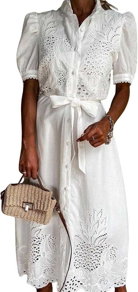 utcoco Women's Embroidered Eyelet Shirt Dresses Belted Puff Sleeve Button Down Swing Boho Cotton ... | Amazon (US)