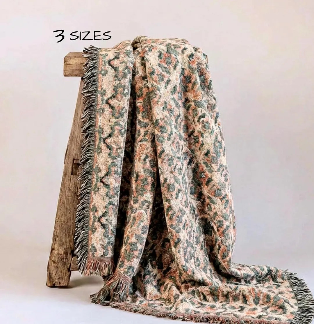 Vintage Persian Floral Tapestry Throw Sage Green Terracotta Blush Woven Cotton Blanket Botanical ... | Etsy (Global)