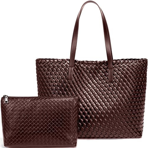 Large Capacity Shoulder Handbag Woven Leather Tote Bag with Matching Pouch Travel Lightweight | Amazon (US)
