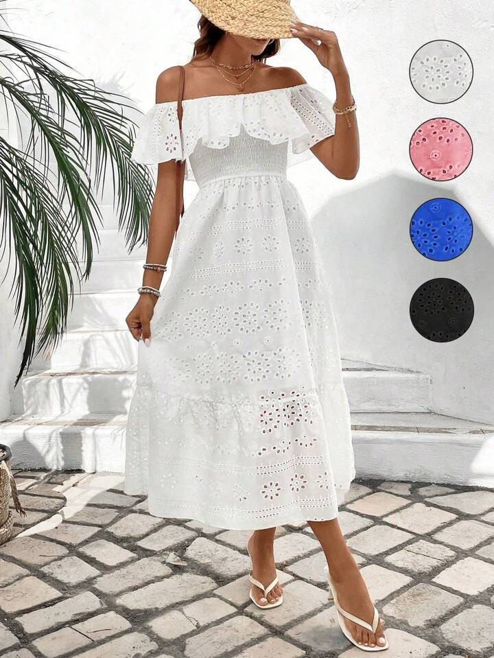 Breezaya Women's Off Shoulder Embroidery Detail Belted Dress Maxi Vacation Beach Outfit | SHEIN