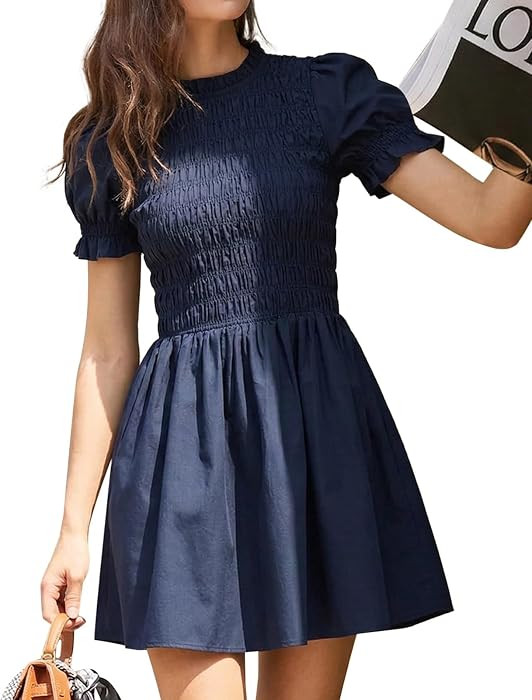 RIHOAS Plaid Gingham Mini Dress Short Sleeve Smocked Dresses for Women | Amazon (US)