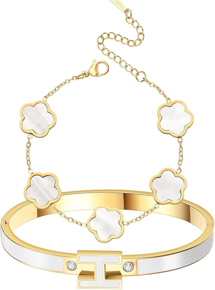 H Bangle & Clover Bracelet for Women - Stainless Steel Fashion Jewelry - 18K Gold Plated H Bangle... | Amazon (US)