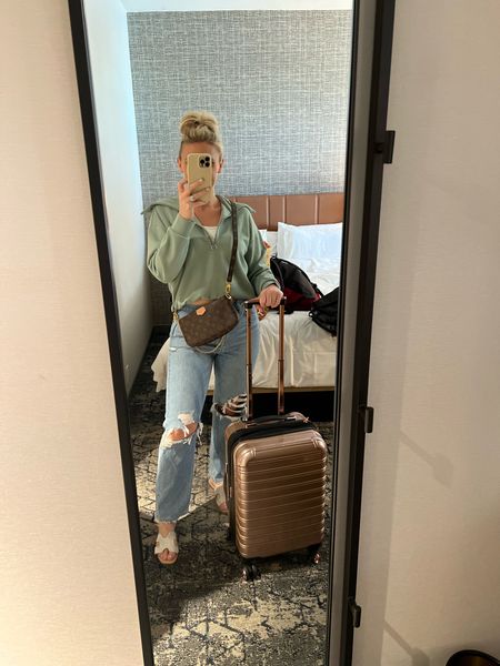 Quick travel outfit inspo! Ifly rose gold luggage and Agolde jeans with target slides 

#LTKActive #LTKtravel #LTKmidsize