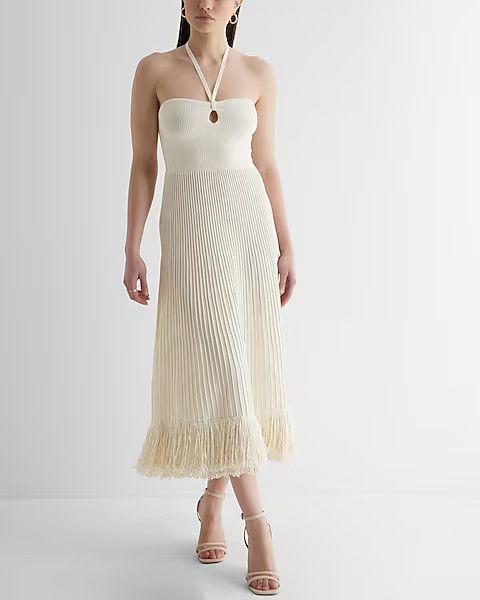 Ribbed Halter Neck Fringe Midi Sweater Dress | Express