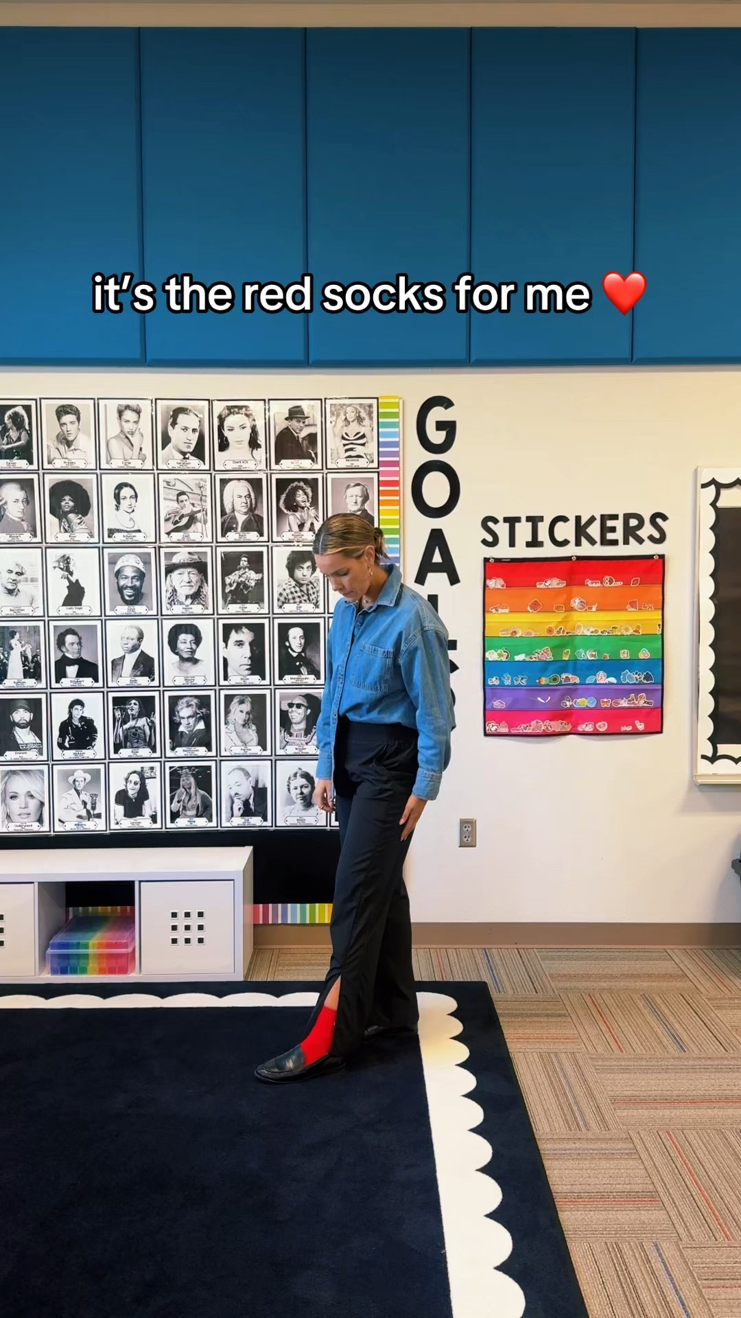 The red socks peeking through the split hem were the whole reason this outfit worked ❤️

Mixing polished pieces with little unexpected details is my favorite way to make teacher outfits feel more personal and fun. Linked the exact denim button down and socks with similar loafer and pants ✨

#LTKWorkwear #LTKOver40 #LTKootd