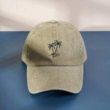 pc Unisex Khaki Black Thread Yk Style Palm Tree Embroidered Washed Baseball Cap Sun Protection Hat Suitable For Outdoor Activities And Daily Commuting | SHEIN