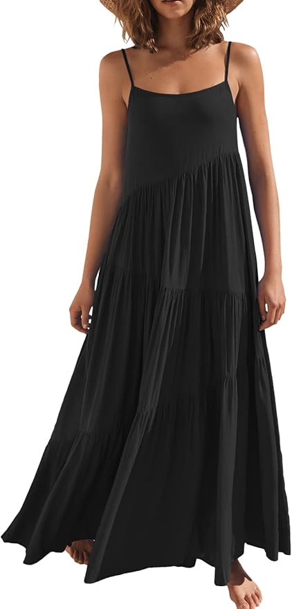 LOGENE Women's Summer Casual Loose Dress Spaghetti Strap Beach Cover Up Long Cami Maxi Dresses | Amazon (US)