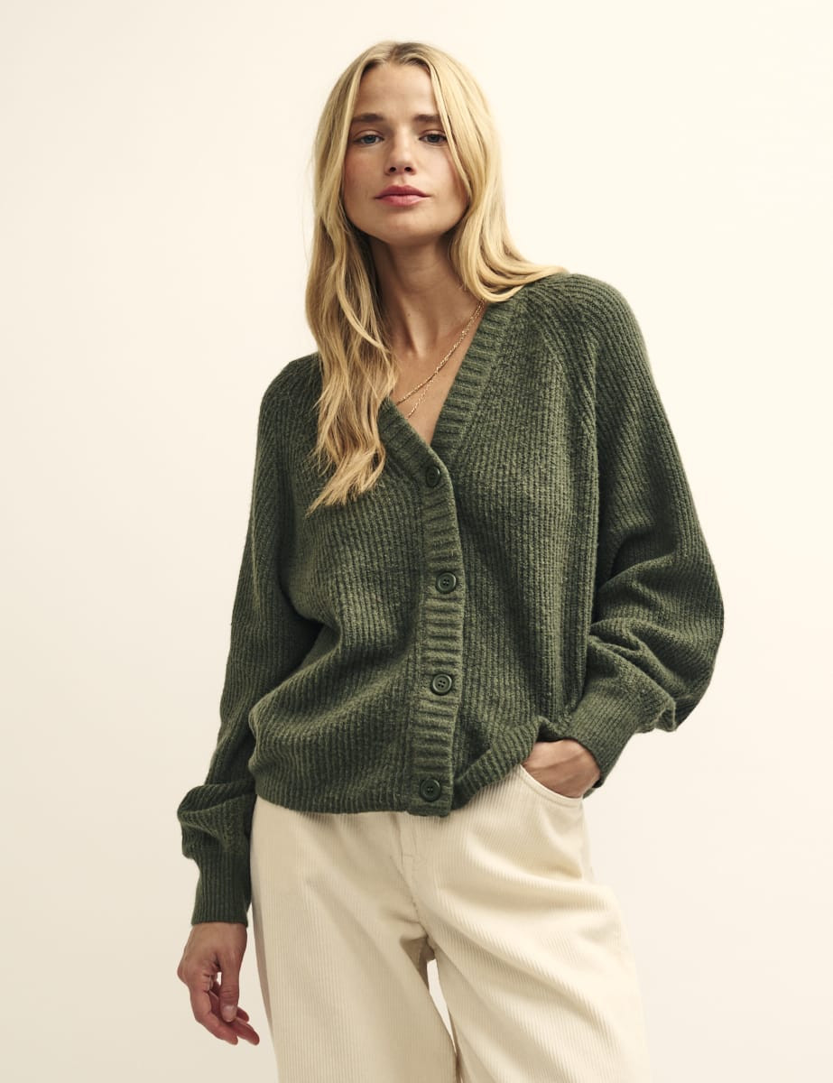Khaki Green Rib Knit V-Neck Button-Up Cardigan | Nobody's Child