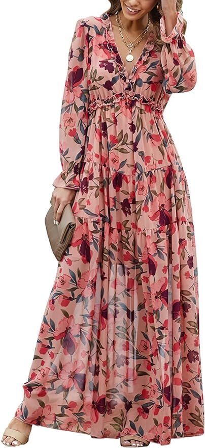 Chvity Women's Casual Floral Deep V Neck Long Sleeve Long Dress Boho Printed Cocktail Party Maxi ... | Amazon (US)