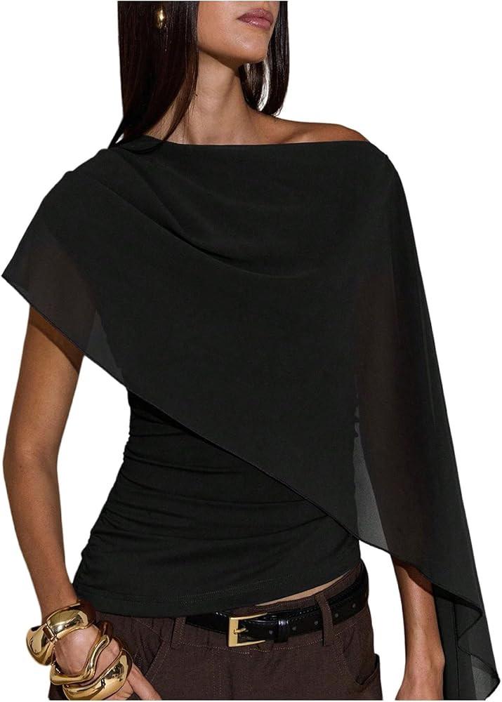 Women's Ruched Cape One Shoulder T Shirts Short Sleeve Asymmetrical Neck Fitted Crop Top | Amazon (US)