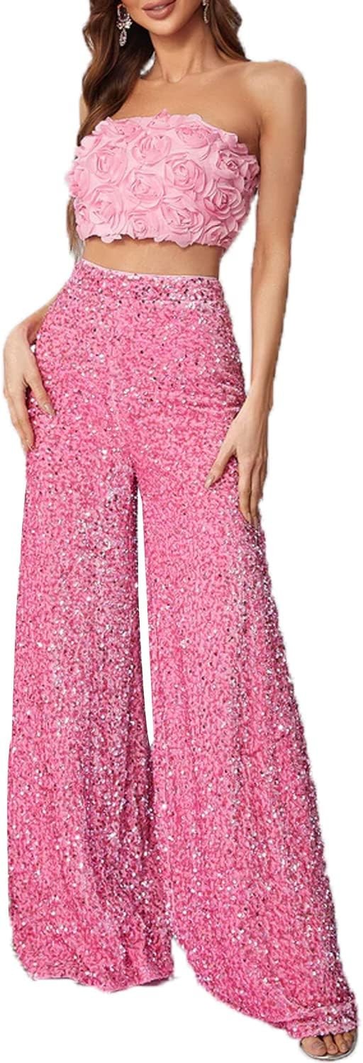 NOYIVA 2 Piece Set 3D Flower Strapless Crop Tube Top Prom Tops High Waist Sequin Flare Leg Pants ... | Amazon (US)