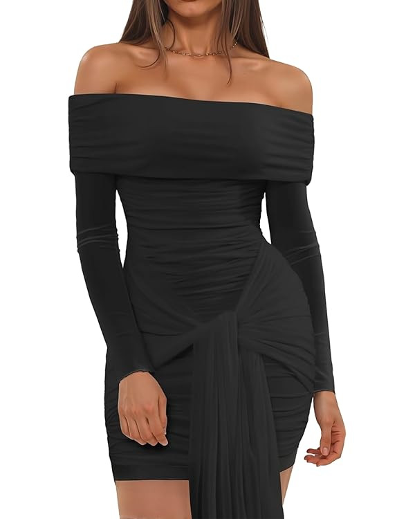 Ophestin Off The Shoulder Mesh Dress Long Sleeve Ruched Bodycon Dress for Women Tie Waist Dresses | Amazon (US)