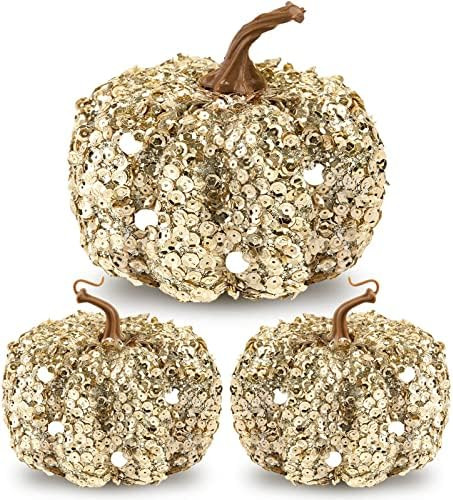 3Pcs Glitter Artificial Pumpkin, 5 Inch Gold Fall Fake Pumpkins Decoration, Large Foam Harvest Pumpk | Amazon (US)