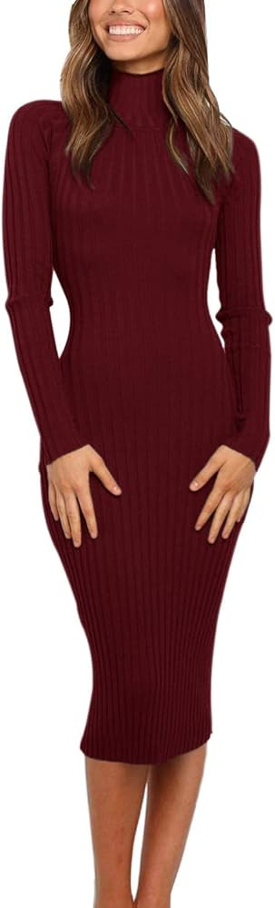 MEROKEETY Women's 2024 Ribbed Long Sleeve Sweater Dress High Neck Slim Fit Knitted Midi Dress | Amazon (US)
