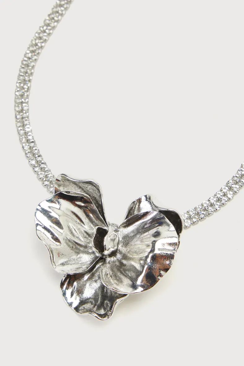 Sculptural Charm Silver Rhinestone Flower Choker Necklace | Lulus