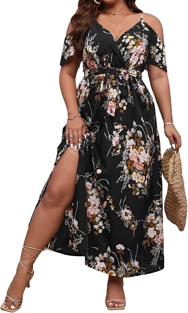 Floerns Women's Plus Size Cold Shoulder Short Sleeve Split Thigh Long Dress | Amazon (US)