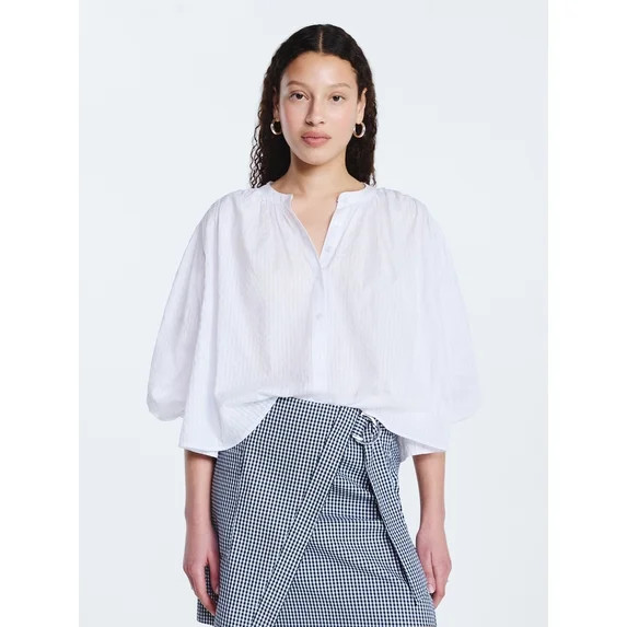 Free Assembly Women's Shirred Cotton Button Down Blouse with Long Sleeves, Sizes XS-XXL | Walmart (US)