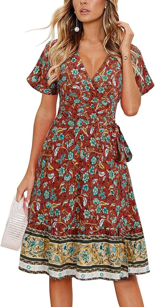 KILIG Women's Summer V Neck Short Sleeve Wrap Floral Print Boho Beach Ruffle Swing Casual Dress w... | Amazon (US)