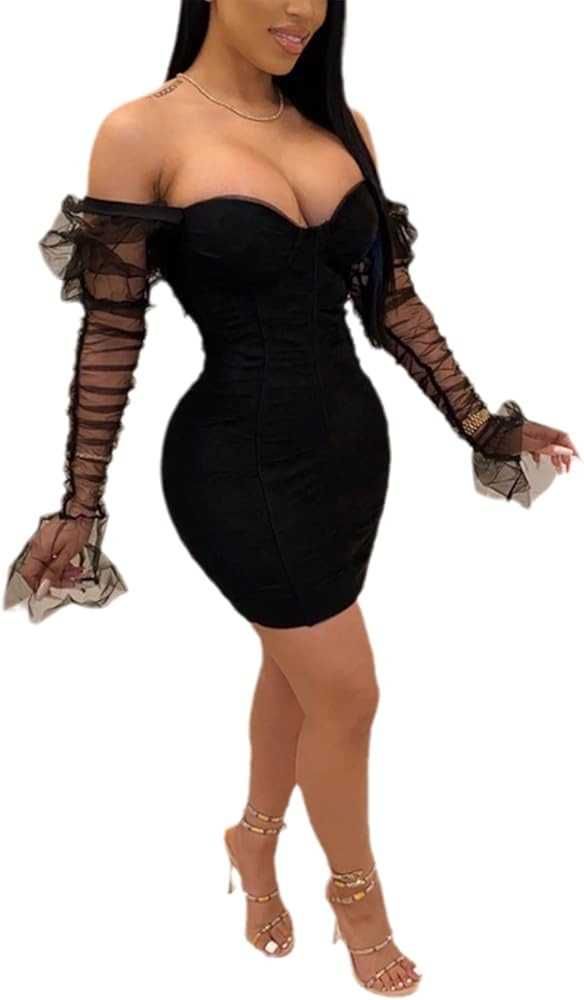 Ryehack Women's Puff Sleeve Dress Bodycon See Through Sheer Mesh Long Sleeve Sexy Club Party Mini... | Amazon (US)