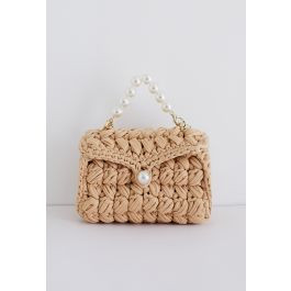 Pearl Chain Braided Chunky Knit Mini Bag in Tan | Chicwish