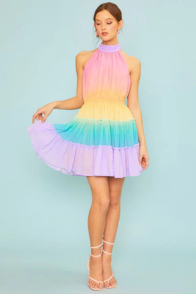 Hailey Rainbow Ombre Tiered Halter Mini Dress | Pippa & Pearl