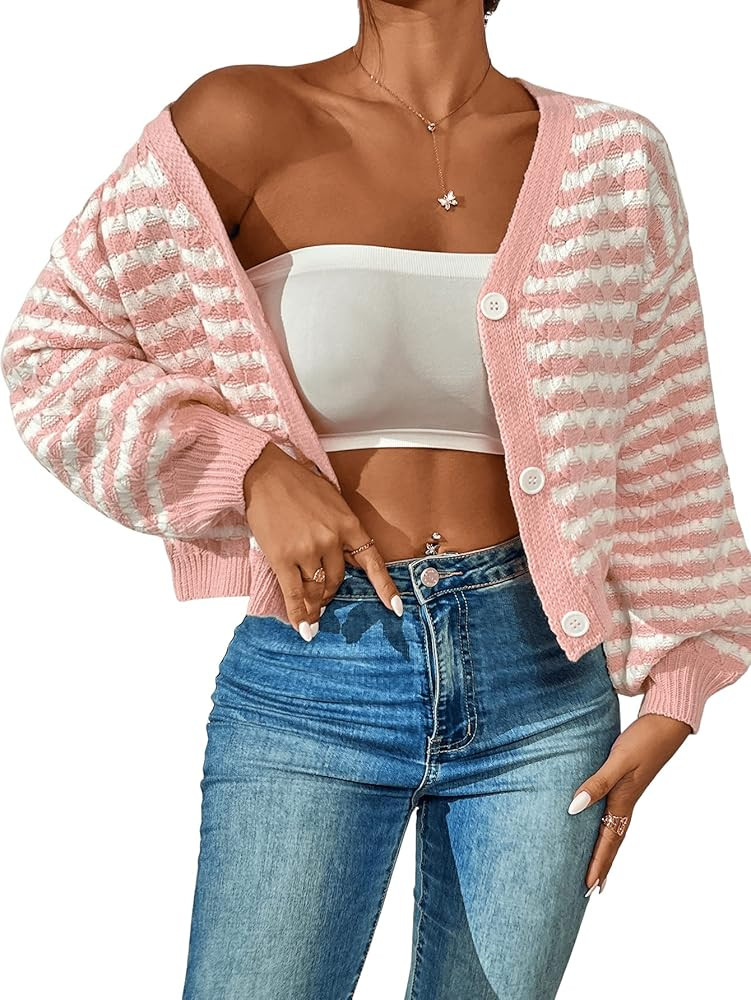 SweatyRocks Women's Long Bishop Sleeve Striped Crop Top Button Front Knit Cardigan Sweater | Amazon (US)
