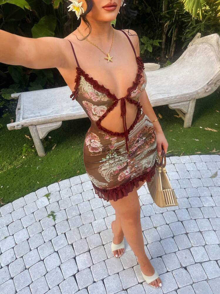 SHEIN SXY Hollow Out Sexy Ruffle Strap Mini Dress,Island Vacation Outfits,Pool Party Outfit,Drop Waist Dress,Summer Dress,Beach Outfits For Woman,Vacation Outfits Woman,Club Outfits Women Sexy,Brunch Outfits For Women,Cruise Outfits Women,Strapless Dress,Mesh Dress,Hawaii Outfits Women,Sexy Outfits For Women,Sheer ,Ibiza Outfits, Women Summer Clothing,Bohemian Clothes | SHEIN