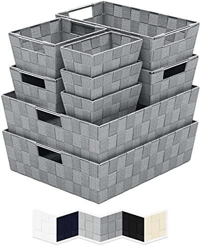 Woven Storage Baskets For Organizing - Set Of 9 Fabric Empty Organizer Bins With Handles - Great Bin | Amazon (US)