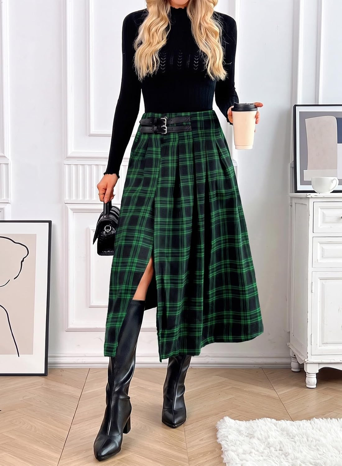 Pink Queen High Waist Side Slit Plaid Skirts for Women Midi Length | Amazon (US)
