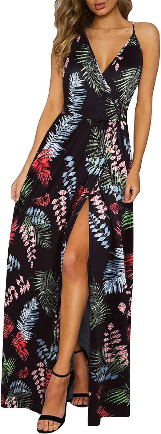 II ININ Women's Deep V-Neck Casual Dress Summer Backless Floral Print/Solid Split Maxi Dress for ... | Amazon (US)