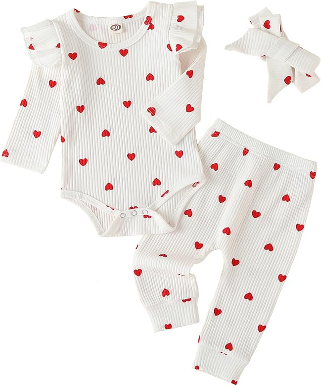 Fullfamous Baby Girl's 3pc Rib Frill Long Sleeve Romper and Pant Set | Amazon (US)