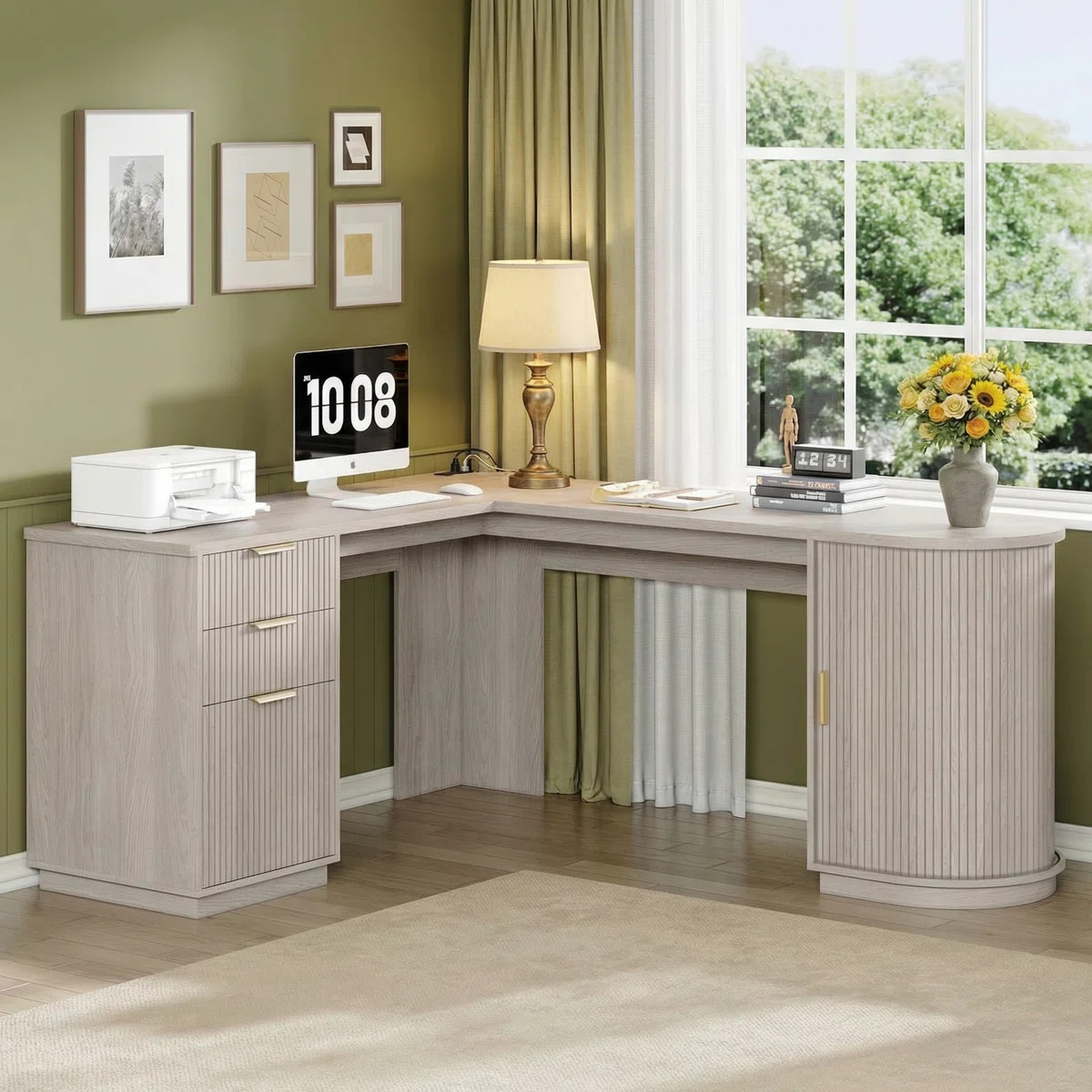 67" Fluted L Shaped Desk with Drawers, Home Office Corner Computer Desk with Storage, Mid Century... | Wayfair North America