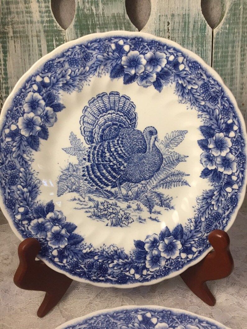 Set of 4 Vintage Churchill Myott FactoryThanksgiving Blue Transferware Turkey Salad Plates Side P... | Etsy (US)