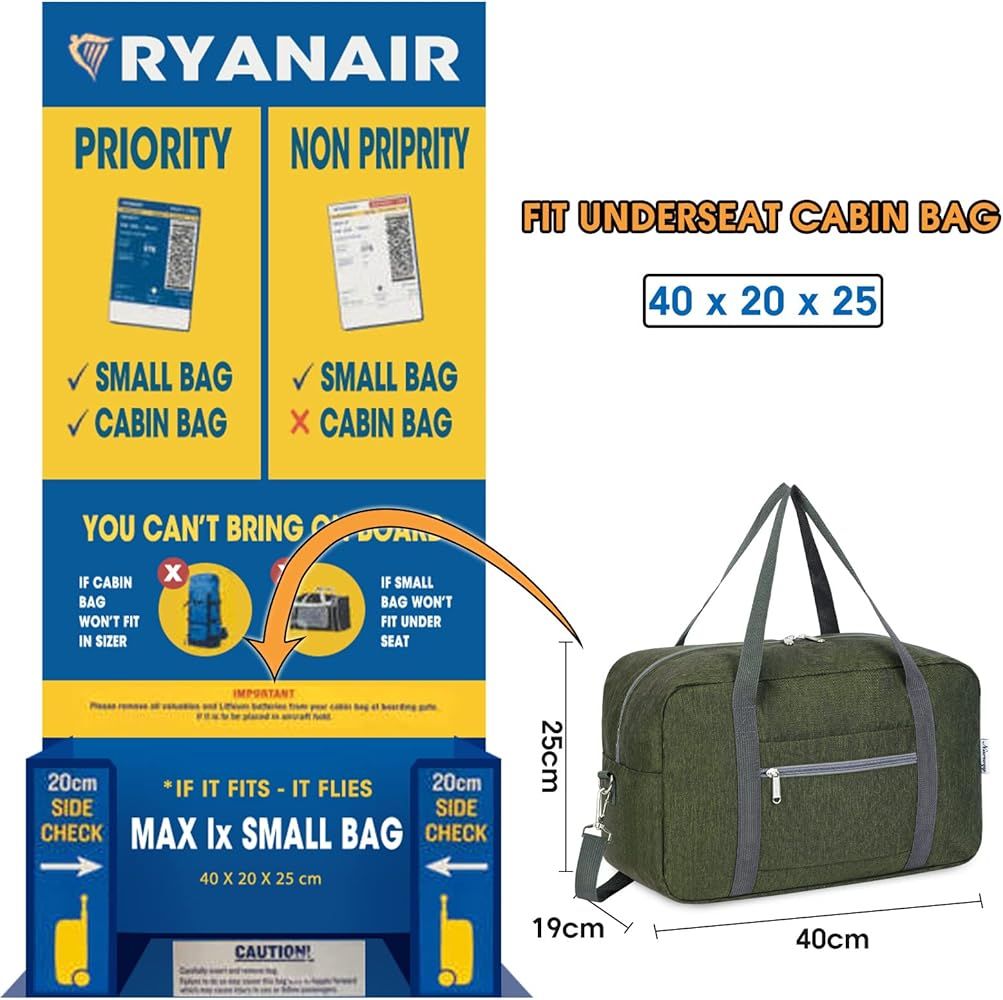 for Ryanair Airlines Underseat Cabin Bag 40X20X25 Foldable Travel Duffel Bag Holdall Tote Carry o... | Amazon (UK)