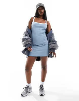 ASOS DESIGN ribbed strappy square neck mini dress in blue with cream binding | ASOS (Global)
